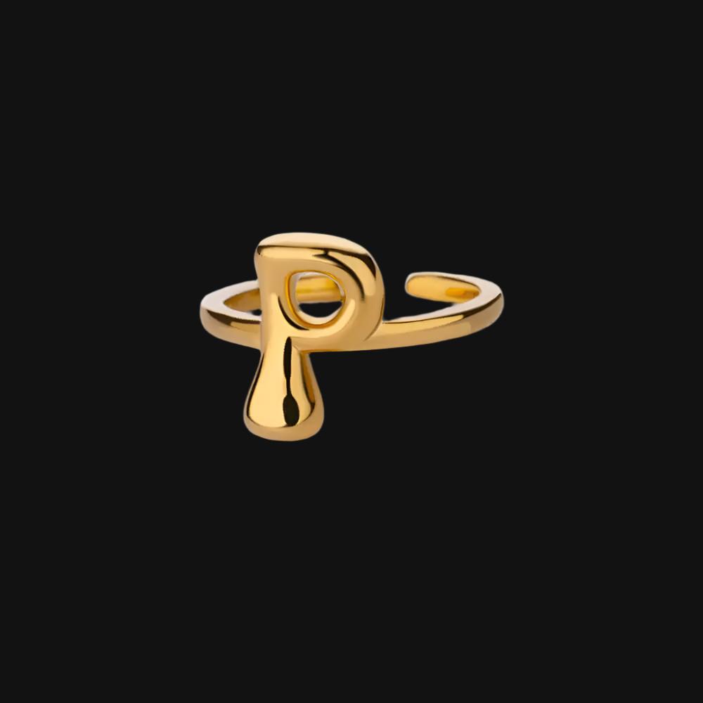 DL Gold Color Cute Bubble Letters Rings For Women Stainless Steel A-Z Alphabet Opening Ring (China Edition)