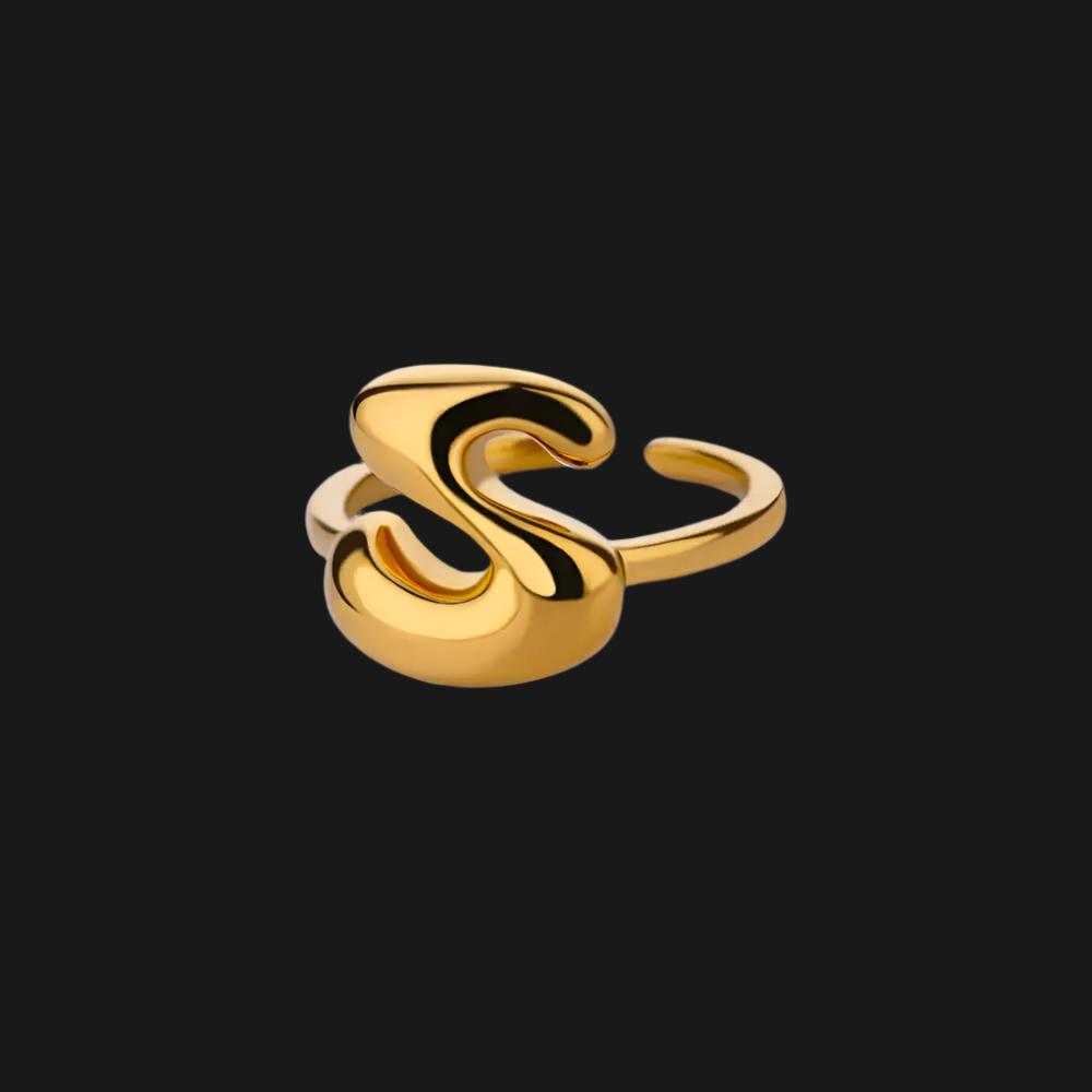 DL Gold Color Cute Bubble Letters Rings For Women Stainless Steel A-Z Alphabet Opening Ring (China Edition)