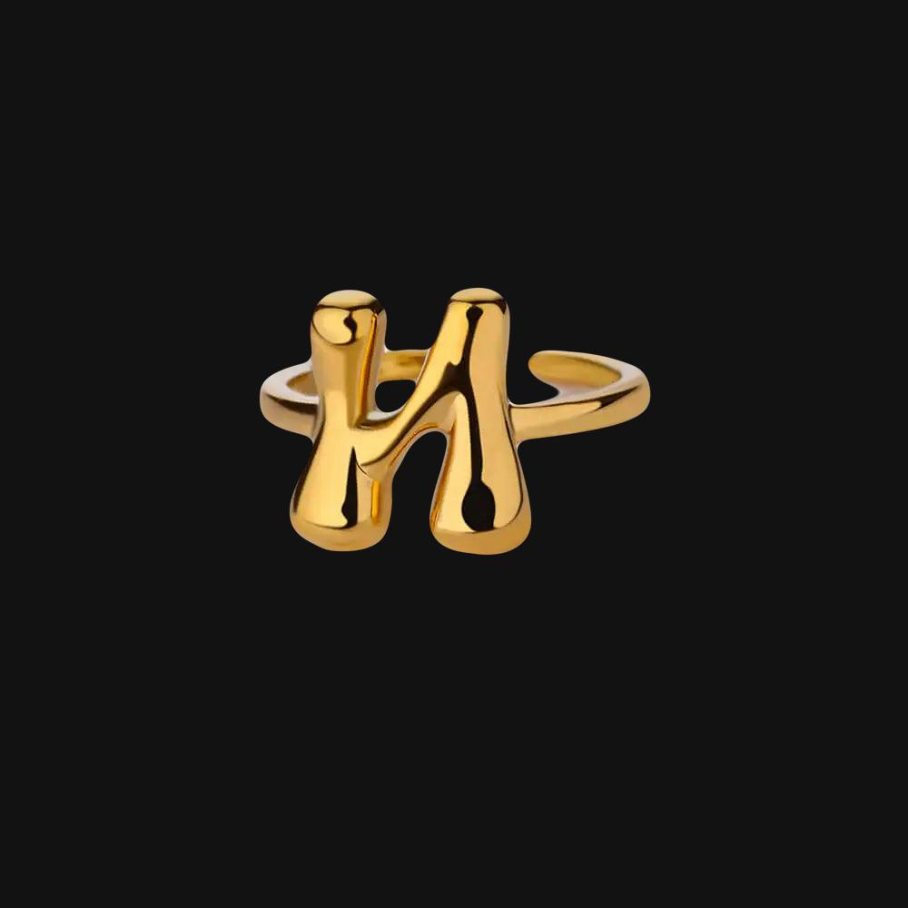 DL Gold Color Cute Bubble Letters Rings For Women Stainless Steel A-Z Alphabet Opening Ring (China Edition)