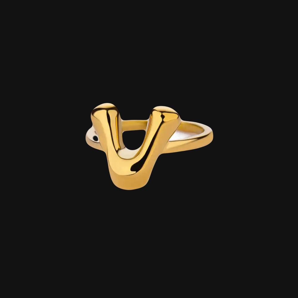 DL Gold Color Cute Bubble Letters Rings For Women Stainless Steel A-Z Alphabet Opening Ring (China Edition)