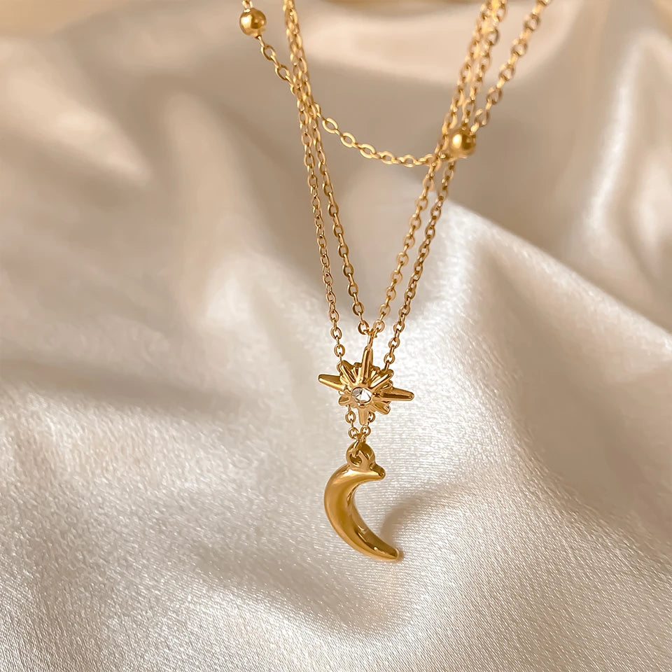 DL Stainless Steel Star Moon Pendant Necklace (France Edition)