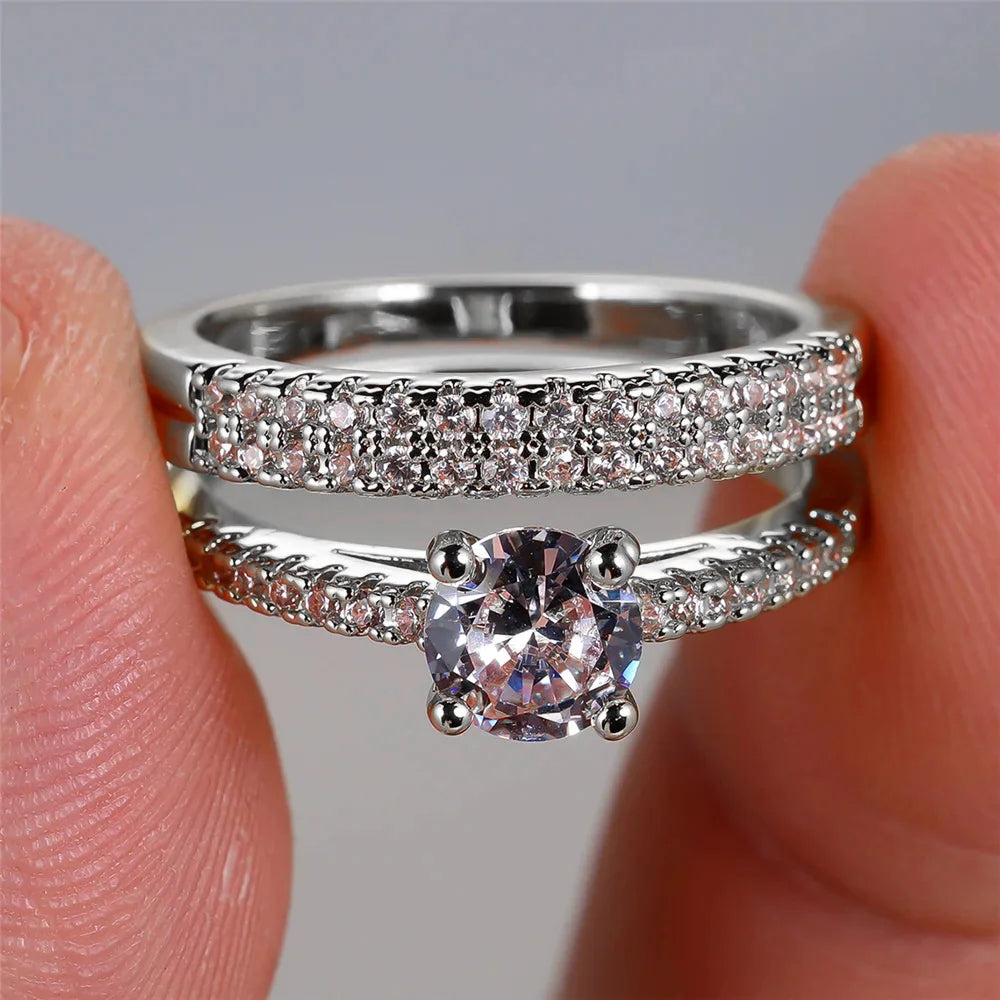 DL Luxury 2pcs Small Round White Zircon Stone Ring (Italian Edition)