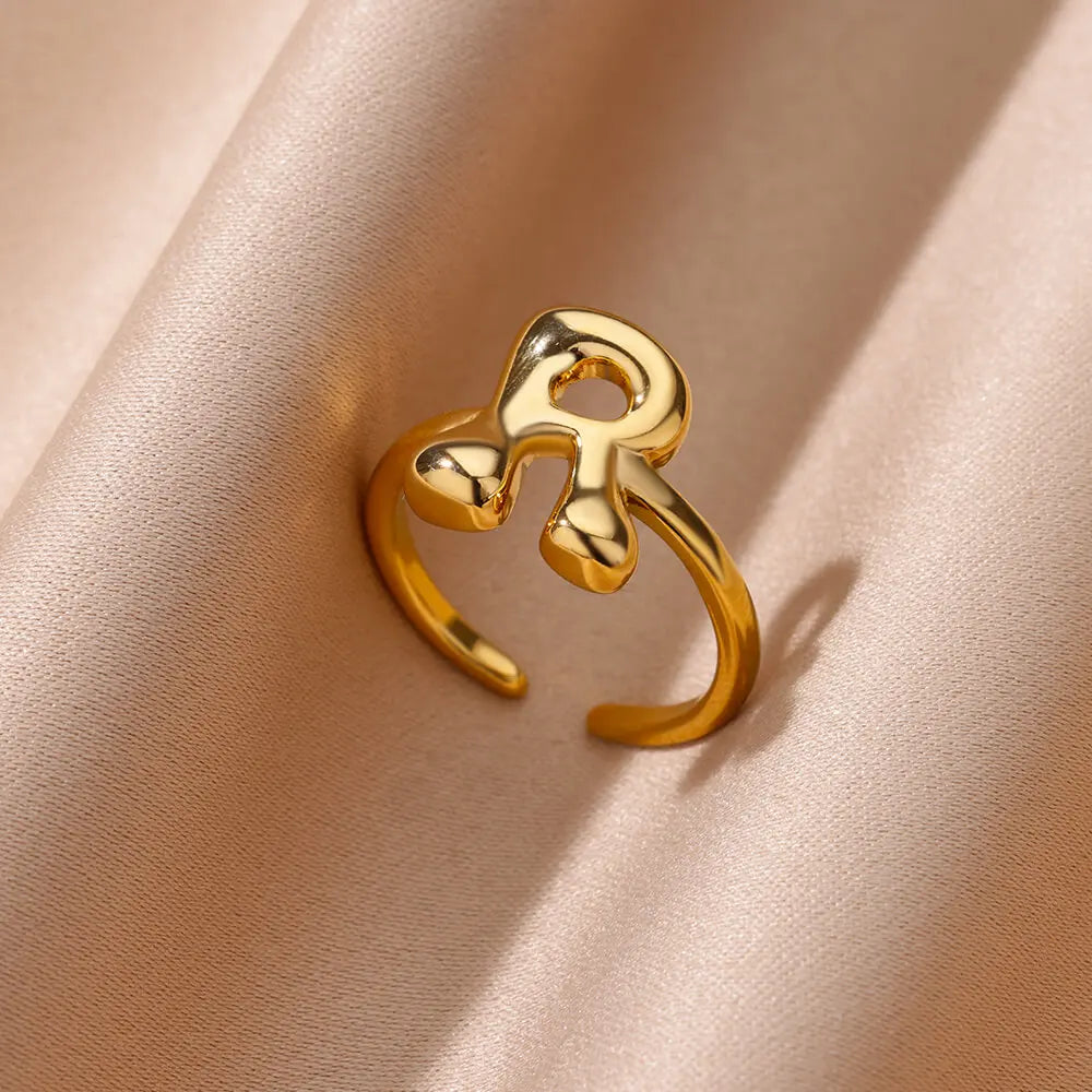DL Gold Color Cute Bubble Letters Rings For Women Stainless Steel A-Z Alphabet Opening Ring (China Edition)