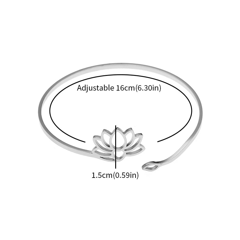 DL Stainless Steel Lotus Mandala Open Bangle Fashion Adjustable Cuff Bracelet (Canadian Edition)