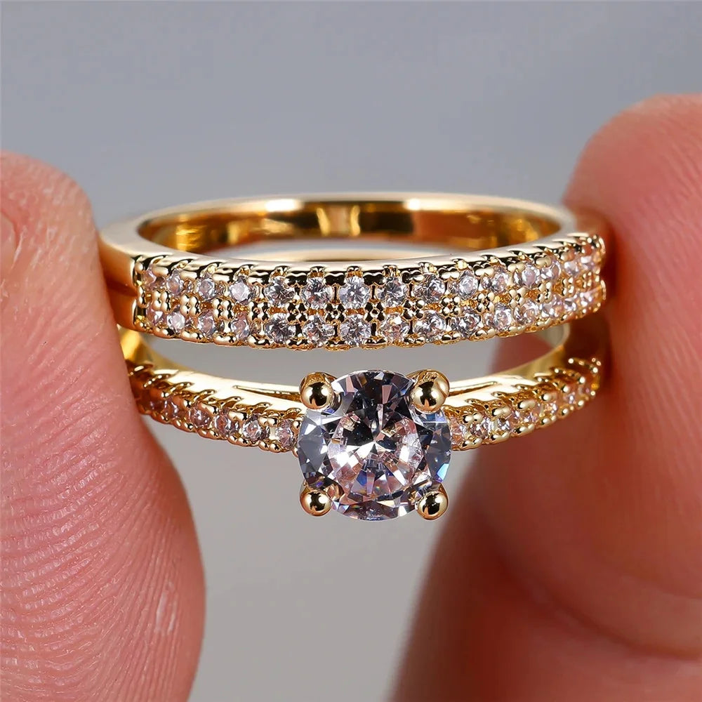 DL Luxury 2pcs Small Round White Zircon Stone Ring (Italian Edition)