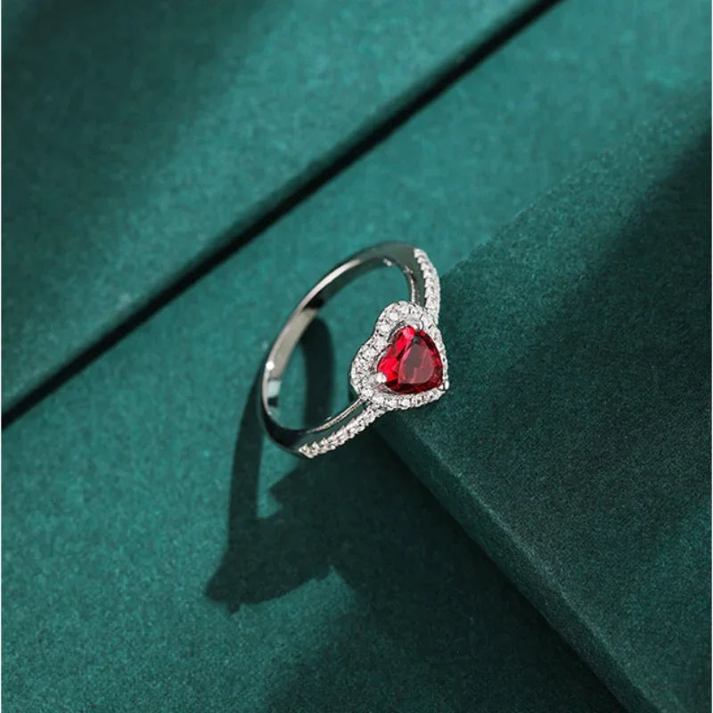 DL Simple Classic Silver Heart Ring White Red CZ Stone (Brazilian Edition)