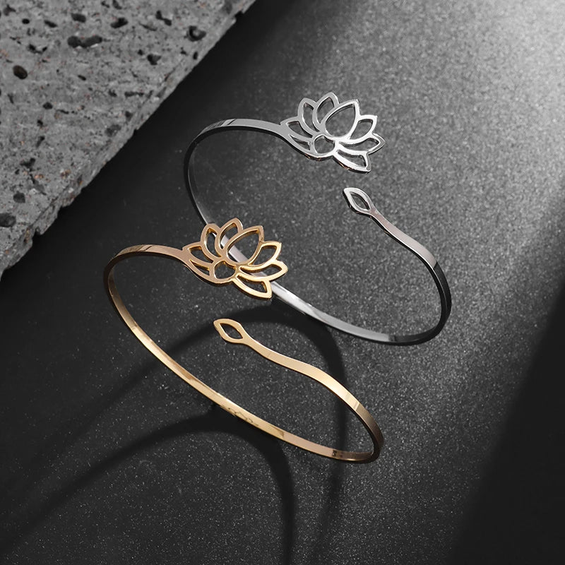 DL Stainless Steel Lotus Mandala Open Bangle Fashion Adjustable Cuff Bracelet (Canadian Edition)