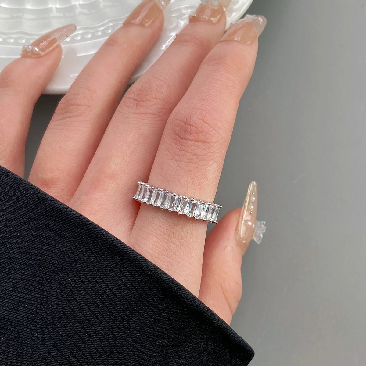 DL Gorgeous Silver Color Opening Rings Paved Full Fashion Square Shape Zircon (Canadian Edition)
