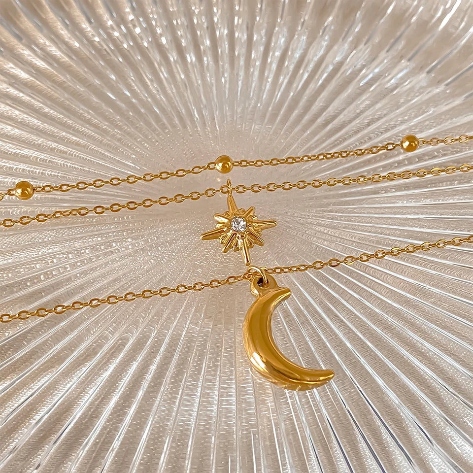 DL Stainless Steel Star Moon Pendant Necklace (France Edition)