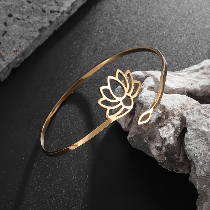 DL Stainless Steel Lotus Mandala Open Bangle Fashion Adjustable Cuff Bracelet (Canadian Edition)
