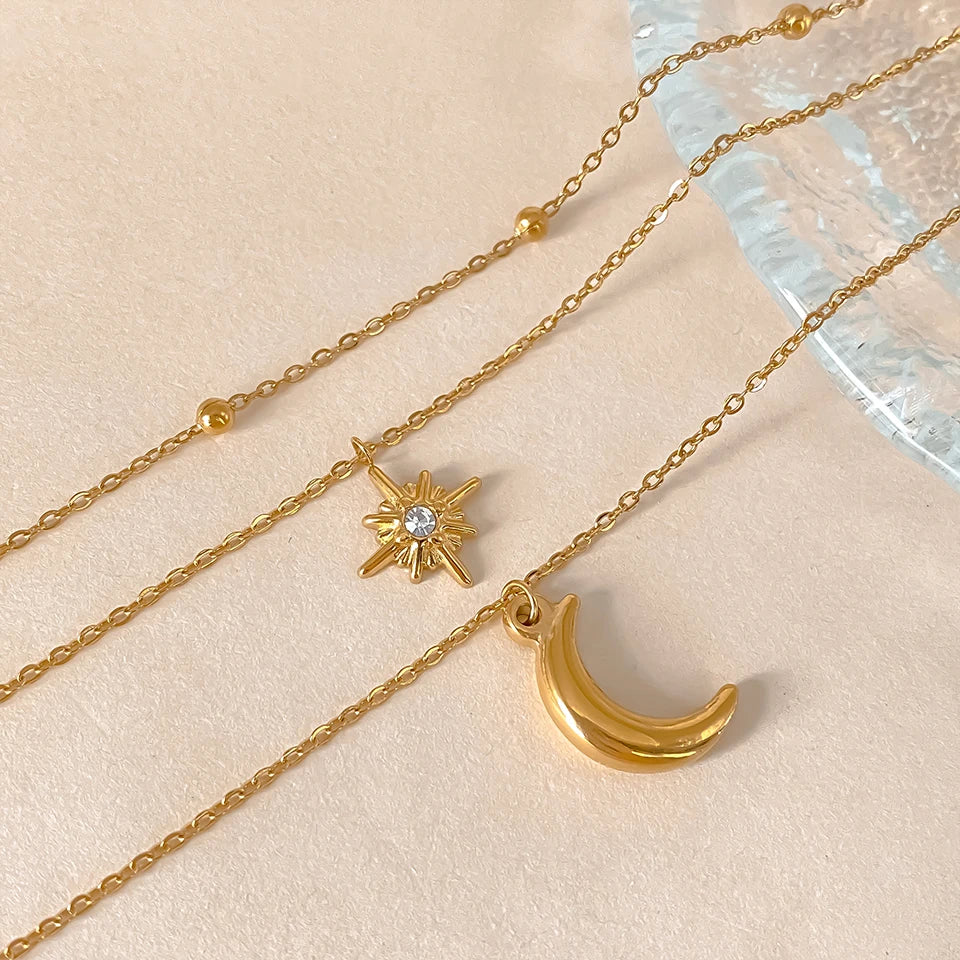 DL Stainless Steel Star Moon Pendant Necklace (France Edition)