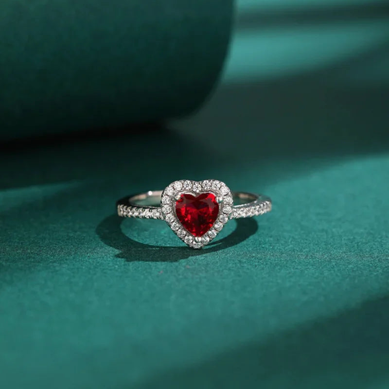 DL Simple Classic Silver Heart Ring White Red CZ Stone (Brazilian Edition)