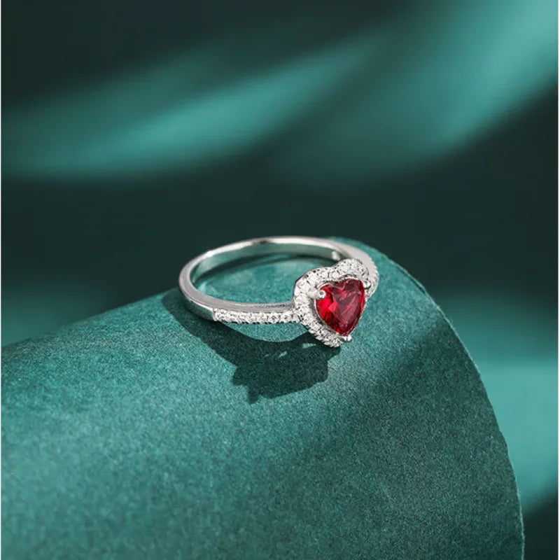 DL Simple Classic Silver Heart Ring White Red CZ Stone (Brazilian Edition)