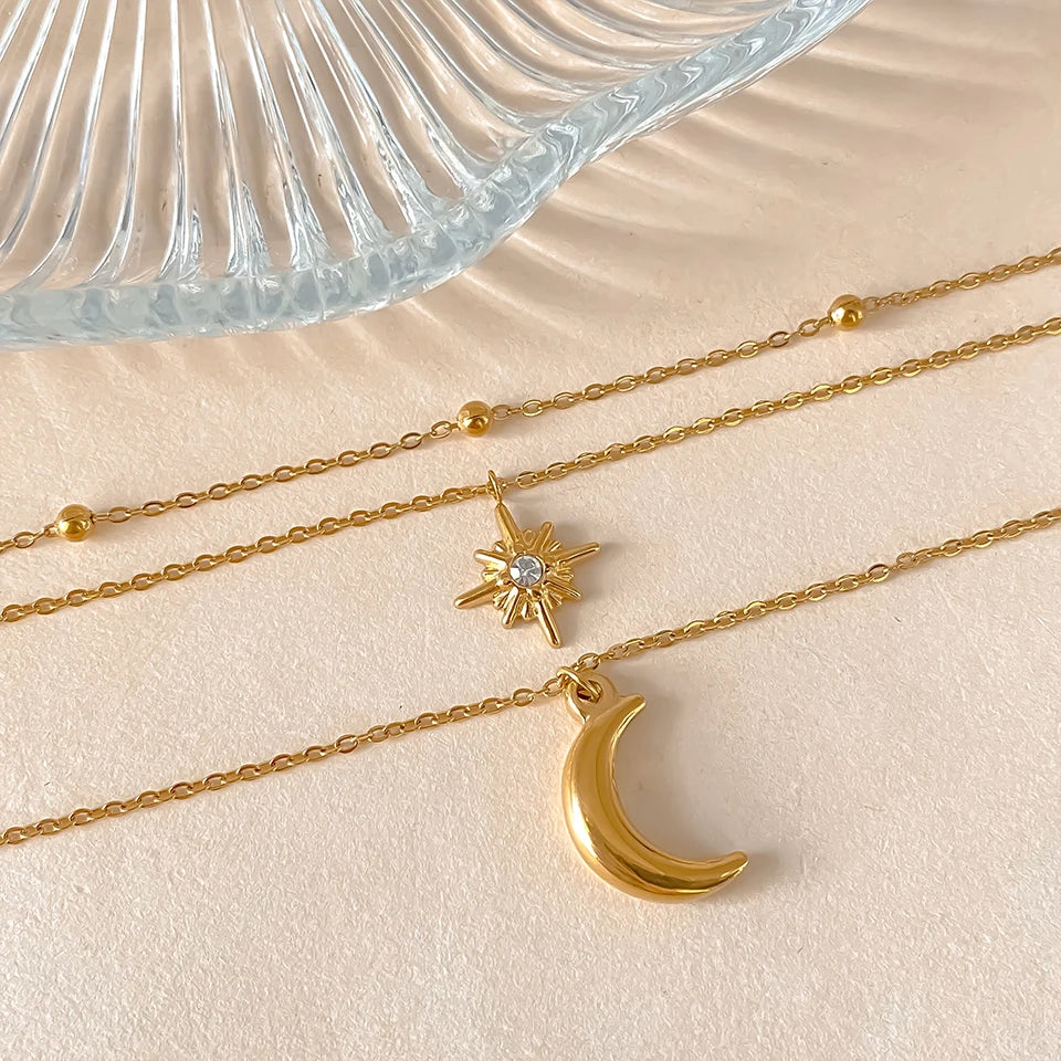 DL Stainless Steel Star Moon Pendant Necklace (France Edition)