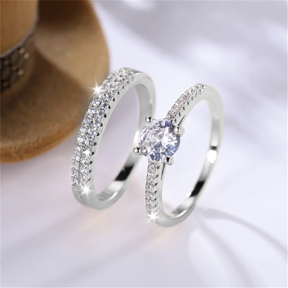 DL Luxury 2pcs Small Round White Zircon Stone Ring (Italian Edition)