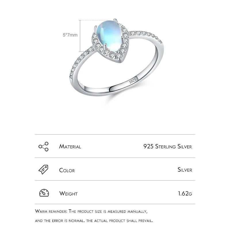 DL 925 Sterling Silver Exquisite Water Drop Moonstone Female Finger Ring (Korean Edition)