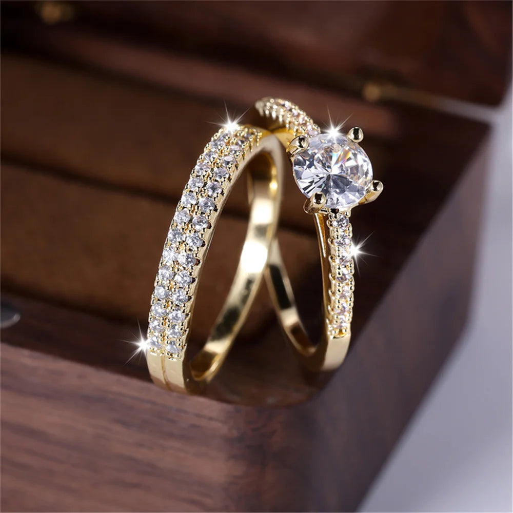 DL Luxury 2pcs Small Round White Zircon Stone Ring (Italian Edition)