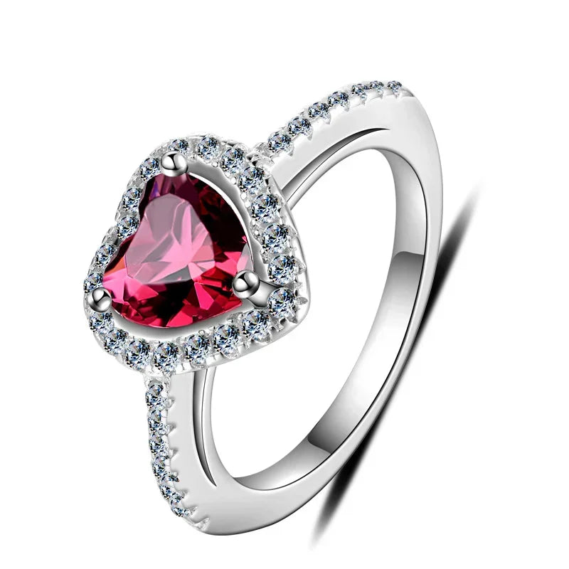 DL Simple Classic Silver Heart Ring White Red CZ Stone (Brazilian Edition)