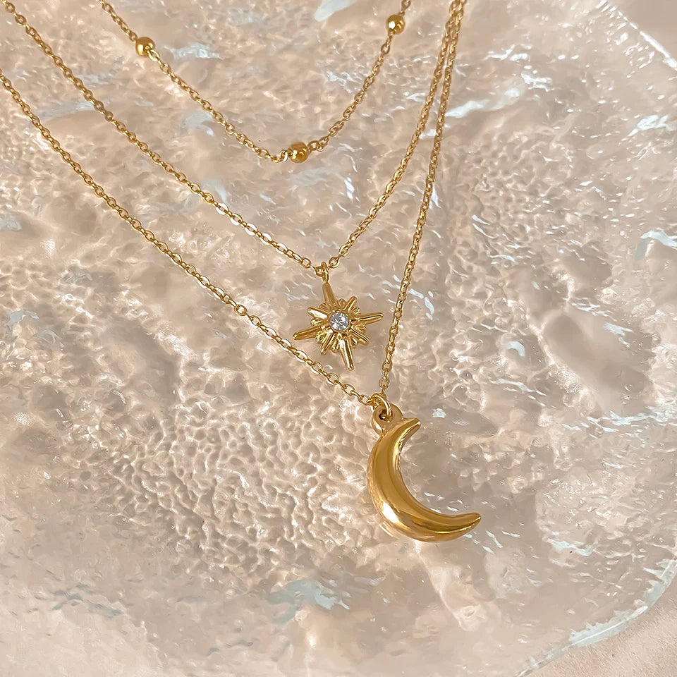 DL Stainless Steel Star Moon Pendant Necklace (France Edition)