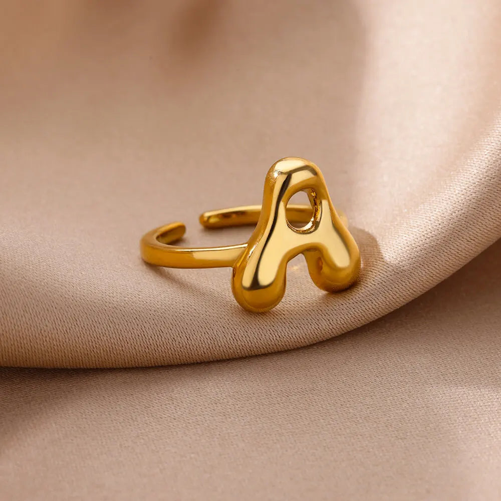 DL Gold Color Cute Bubble Letters Rings For Women Stainless Steel A-Z Alphabet Opening Ring (China Edition)