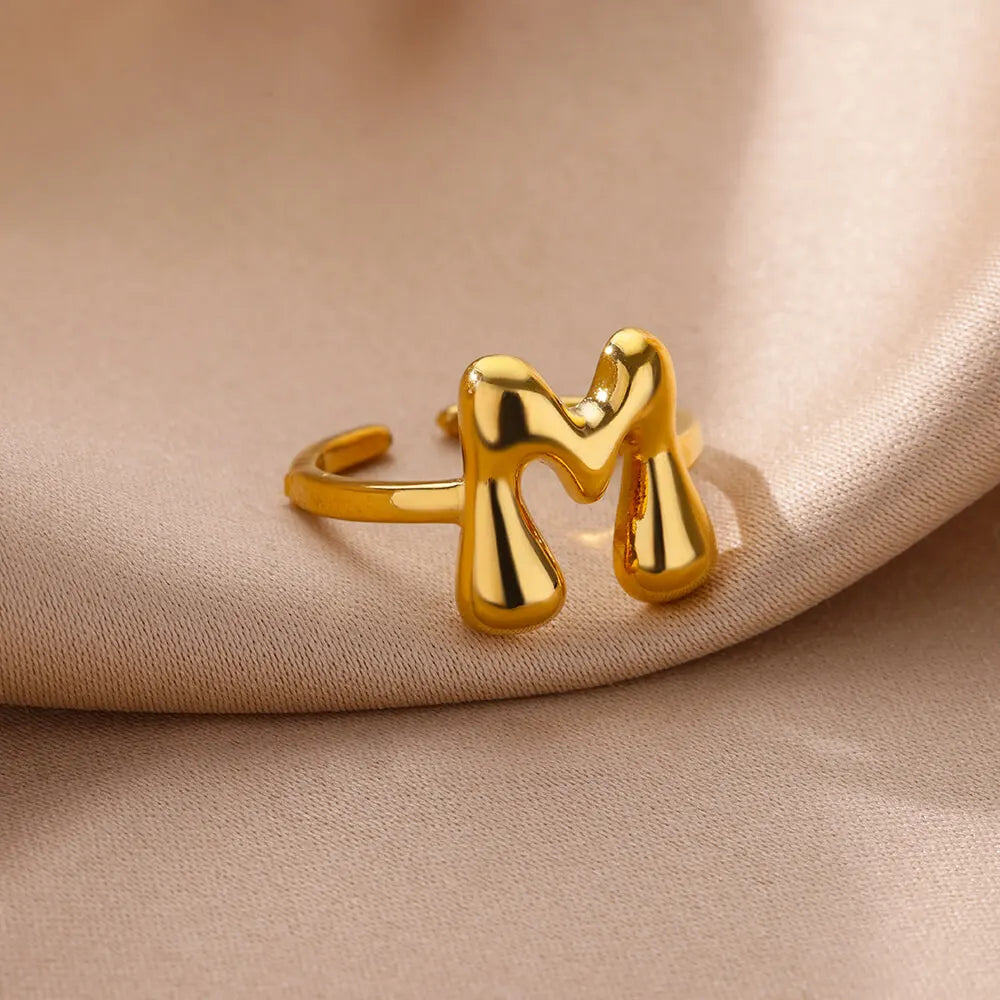 DL Gold Color Cute Bubble Letters Rings For Women Stainless Steel A-Z Alphabet Opening Ring (China Edition)