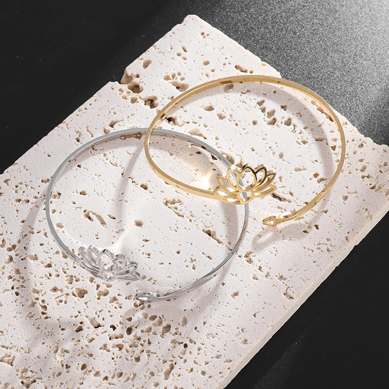 DL Stainless Steel Lotus Mandala Open Bangle Fashion Adjustable Cuff Bracelet (Canadian Edition)
