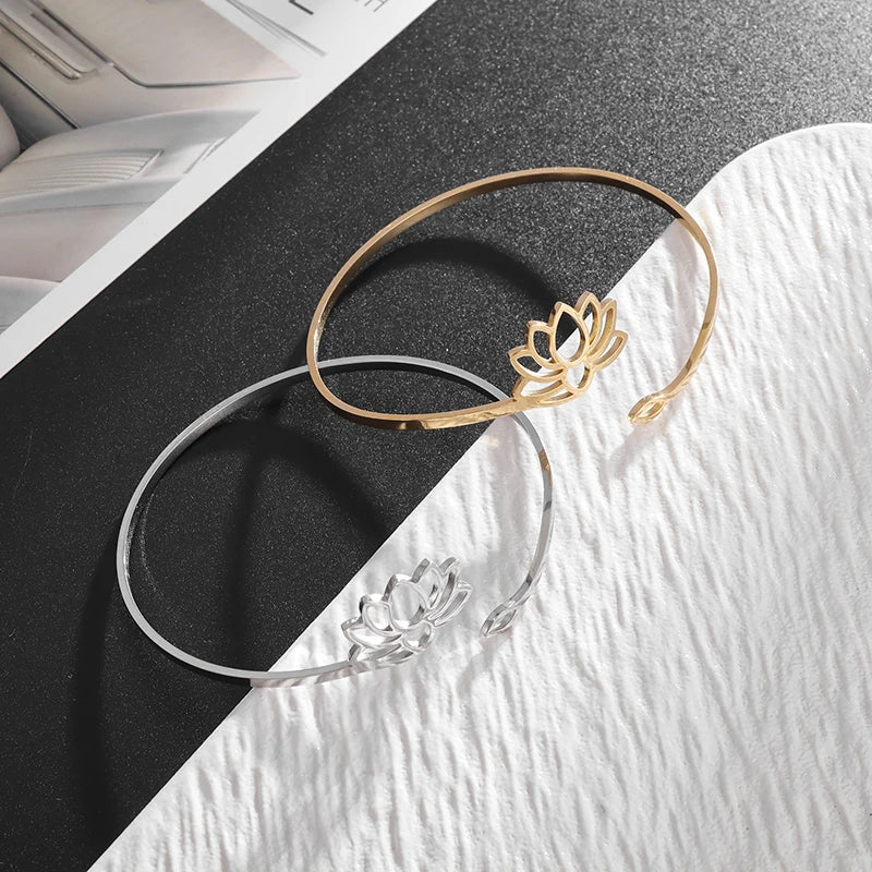 DL Stainless Steel Lotus Mandala Open Bangle Fashion Adjustable Cuff Bracelet (Canadian Edition)