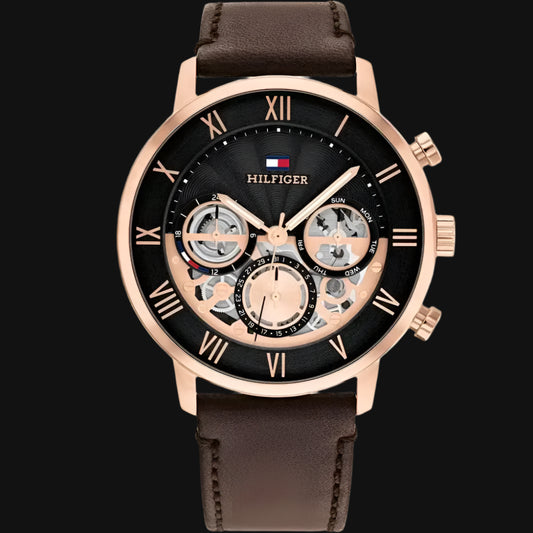 ساعة DL Tommy Hilfiger Legend للرجال بمينا أسود وجلد بني - 1710566