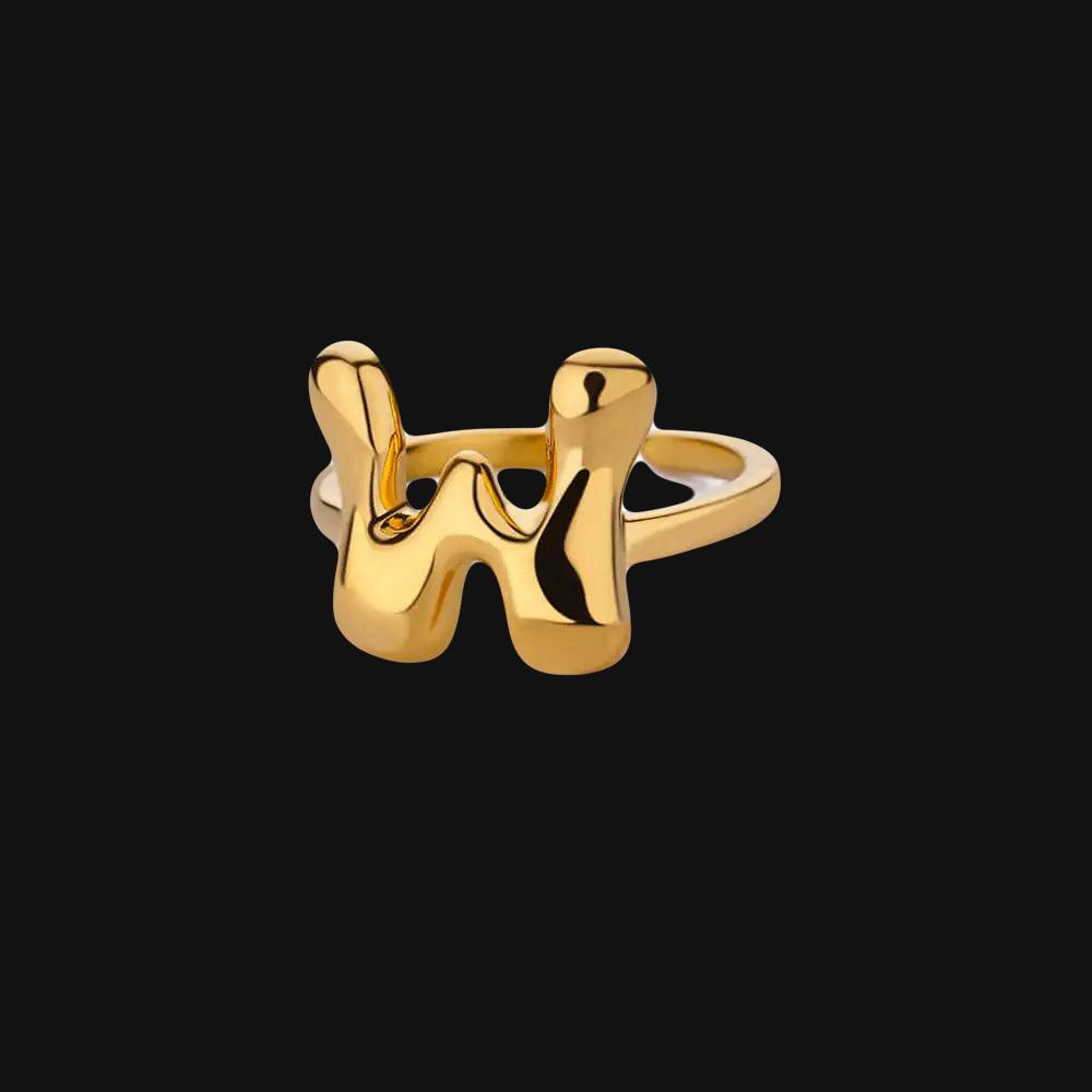 DL Gold Color Cute Bubble Letters Rings For Women Stainless Steel A-Z Alphabet Opening Ring (China Edition)