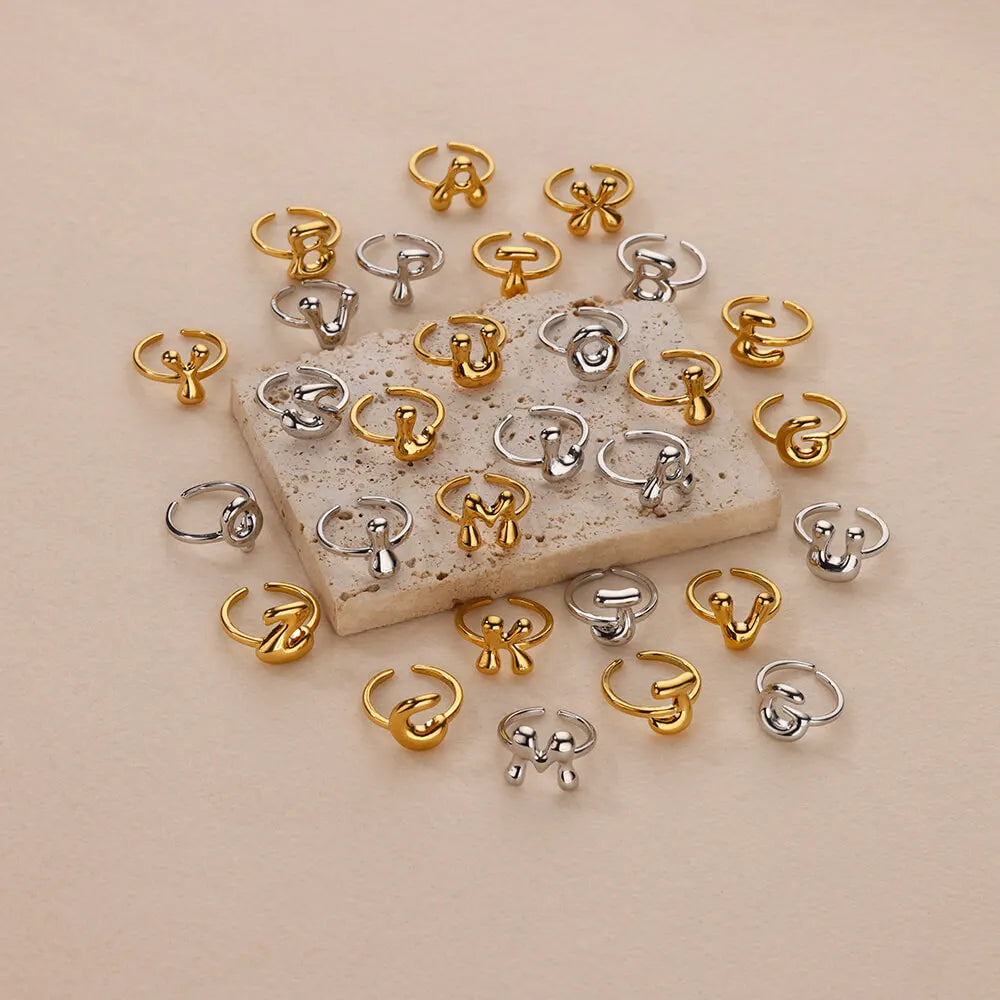 DL Gold Color Cute Bubble Letters Rings For Women Stainless Steel A-Z Alphabet Opening Ring (China Edition)
