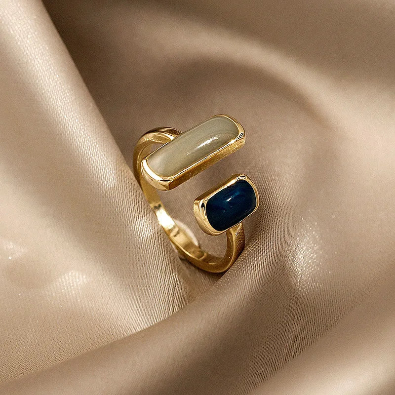 Square Blue Drip Glaze Ring For Women Retro Geometric Gold (American Edition)