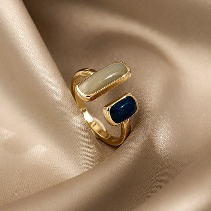 Square Blue Drip Glaze Ring For Women Retro Geometric Gold (American Edition)