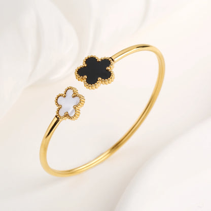 DL Stainless Steel Gold-Plated Five Leaf Flower Open Bangle Bracelet (Canadian Edition)
