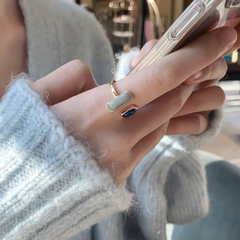 Square Blue Drip Glaze Ring For Women Retro Geometric Gold (American Edition)