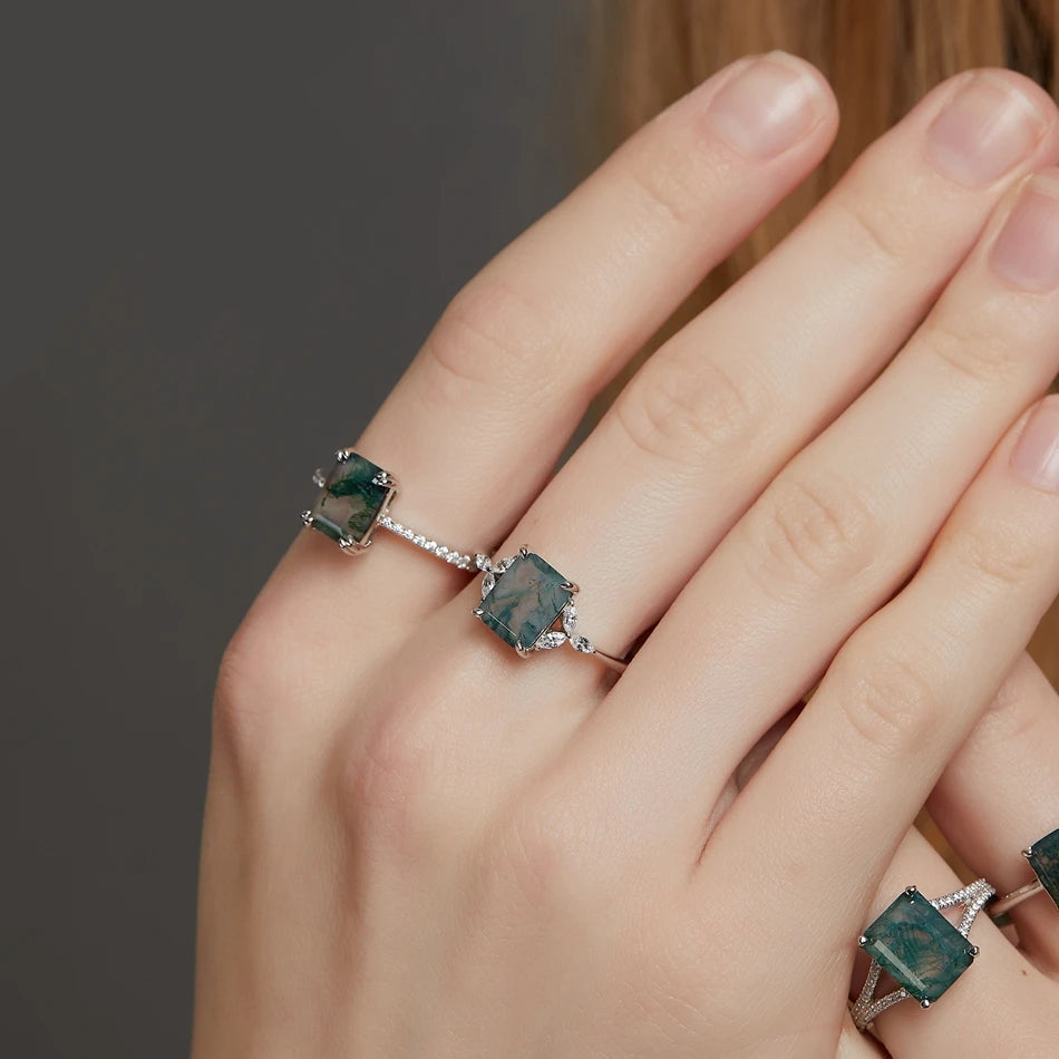 925 Silver Leaf Branch Unique Natural Moss Agate Ring (American Edition)
