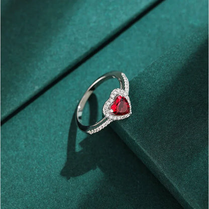 DL Simple Classic Silver Heart Ring White Red CZ Stone (Brazilian Edition)