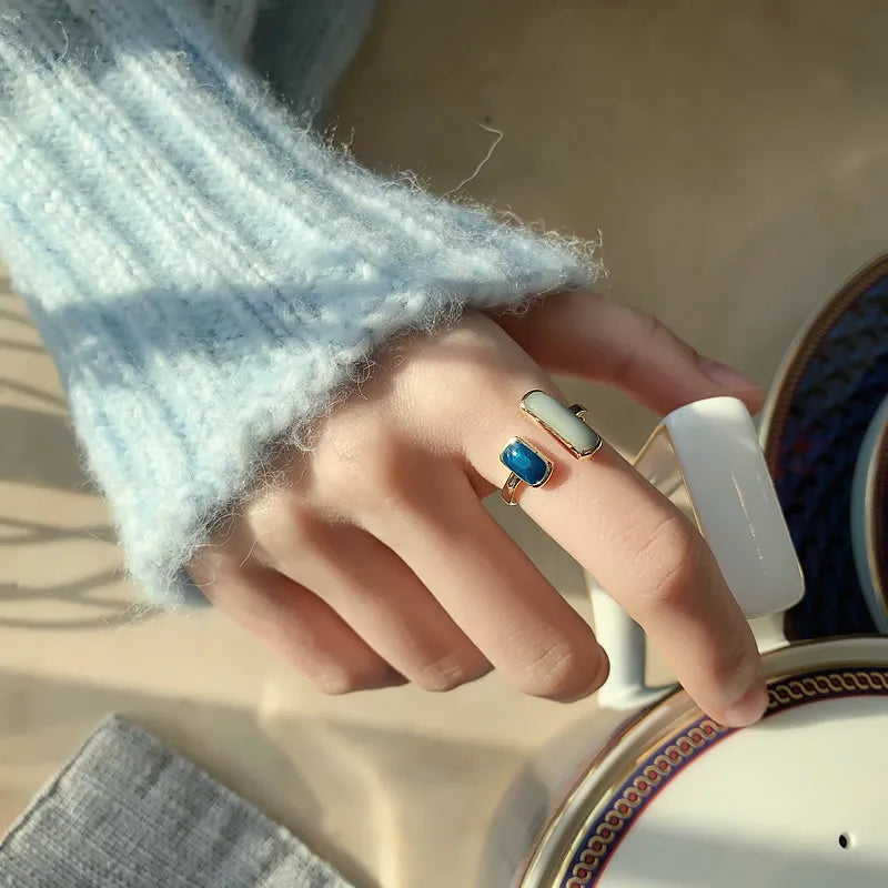 Square Blue Drip Glaze Ring For Women Retro Geometric Gold (American Edition)