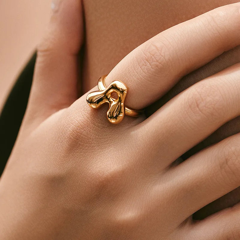 DL Gold Color Cute Bubble Letters Rings For Women Stainless Steel A-Z Alphabet Opening Ring (China Edition)