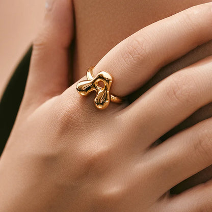 DL Gold Color Cute Bubble Letters Rings For Women Stainless Steel A-Z Alphabet Opening Ring (China Edition)