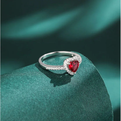 DL Simple Classic Silver Heart Ring White Red CZ Stone (Brazilian Edition)