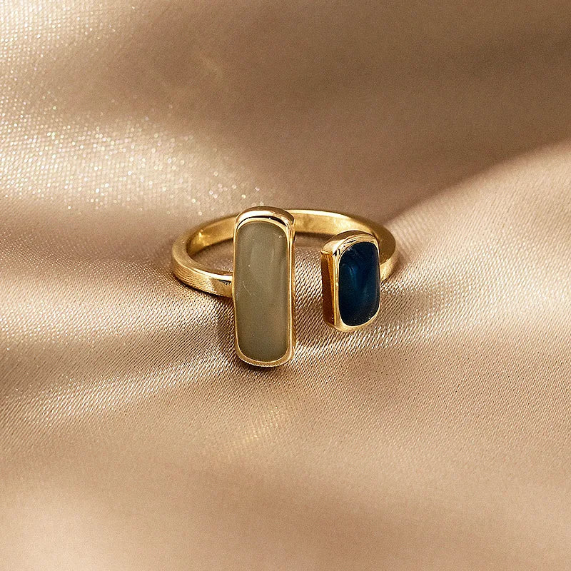 Square Blue Drip Glaze Ring For Women Retro Geometric Gold (American Edition)