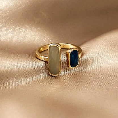 Square Blue Drip Glaze Ring For Women Retro Geometric Gold (American Edition)