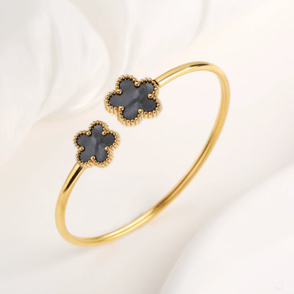 DL Stainless Steel Gold-Plated Five Leaf Flower Open Bangle Bracelet (Canadian Edition)
