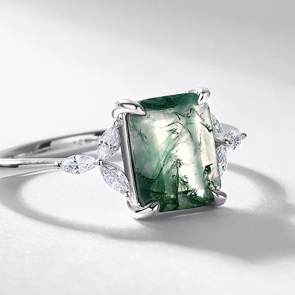 925 Silver Leaf Branch Unique Natural Moss Agate Ring (American Edition)