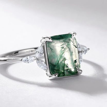 925 Silver Leaf Branch Unique Natural Moss Agate Ring (American Edition)
