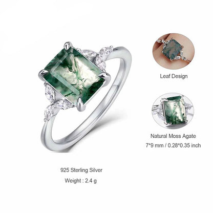 925 Silver Leaf Branch Unique Natural Moss Agate Ring (American Edition)