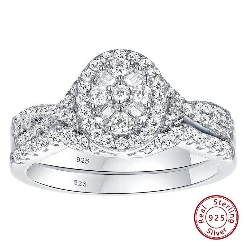 DL 925 Sterling Silver Oval Halo Cubic Zircon Bridal Ring (Korean Edition)