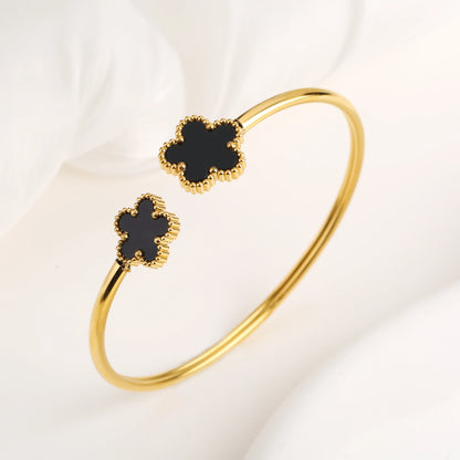 DL Stainless Steel Gold-Plated Five Leaf Flower Open Bangle Bracelet (Canadian Edition)