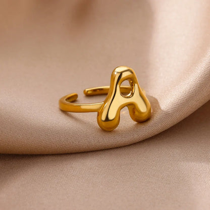 DL Gold Color Cute Bubble Letters Rings For Women Stainless Steel A-Z Alphabet Opening Ring (China Edition)