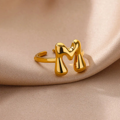 DL Gold Color Cute Bubble Letters Rings For Women Stainless Steel A-Z Alphabet Opening Ring (China Edition)
